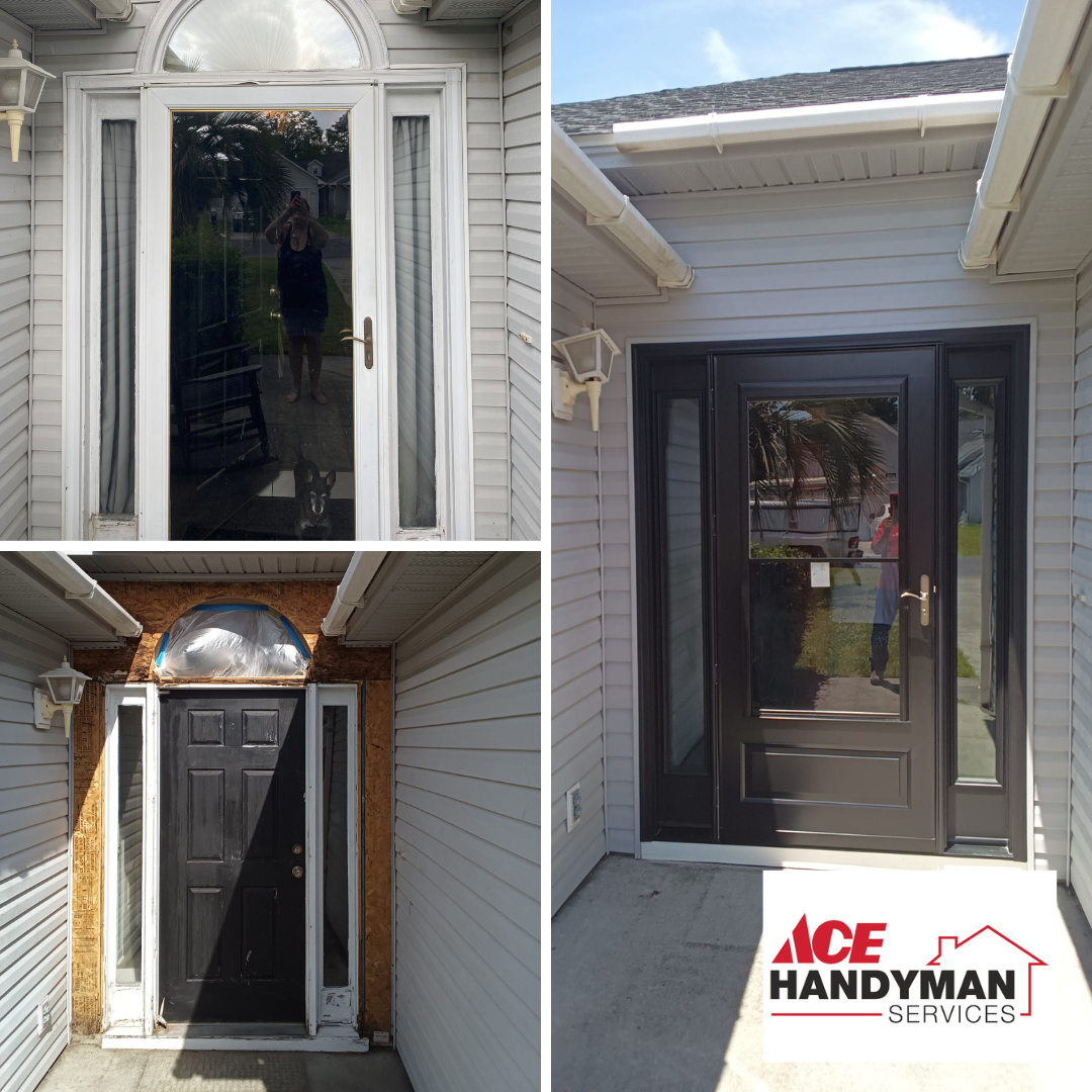 a before and after of a front door remodel
