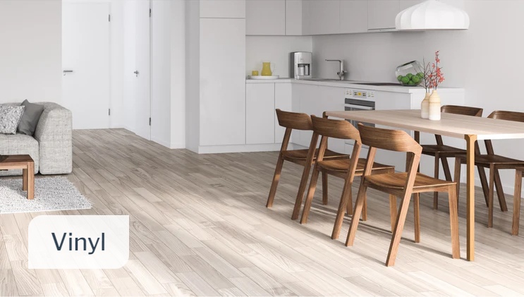 This is an image of a kitchen with vinyl flooring