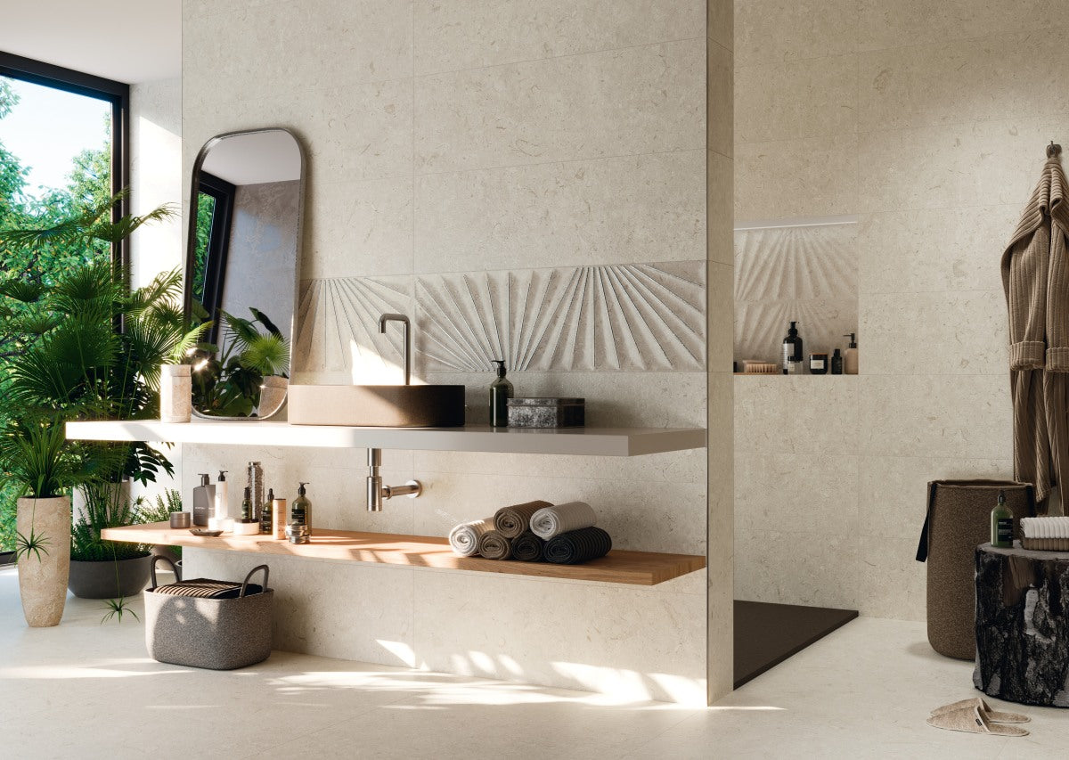 fosil tile used in a bathroom setting