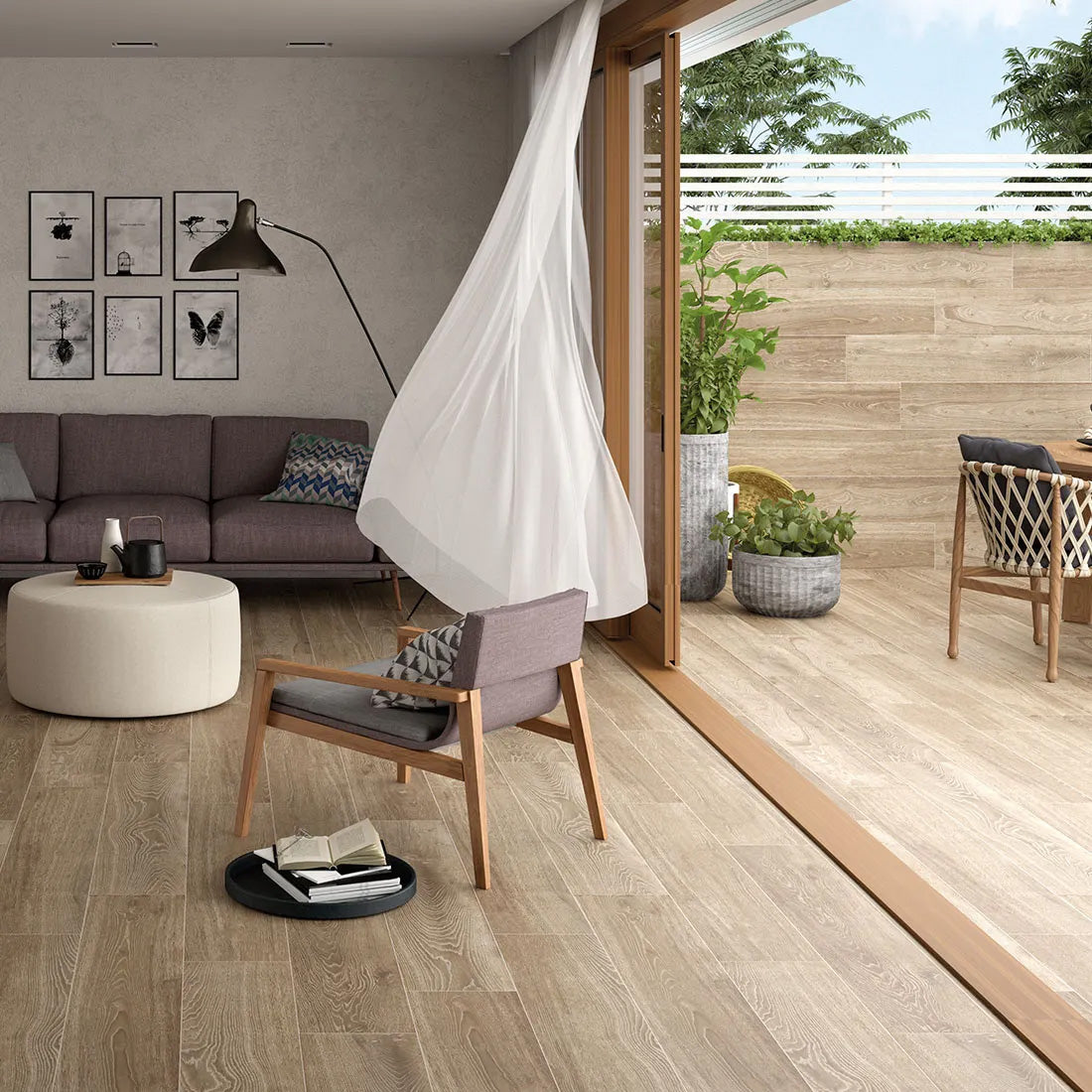 arhus tile flooring in a living room setting with patio doors open