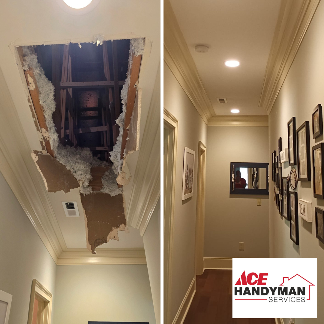 a before and after a ceiling repair