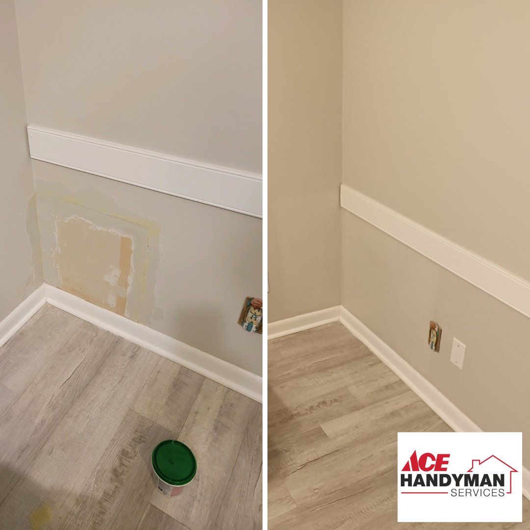 a before and after image of a drywall repair