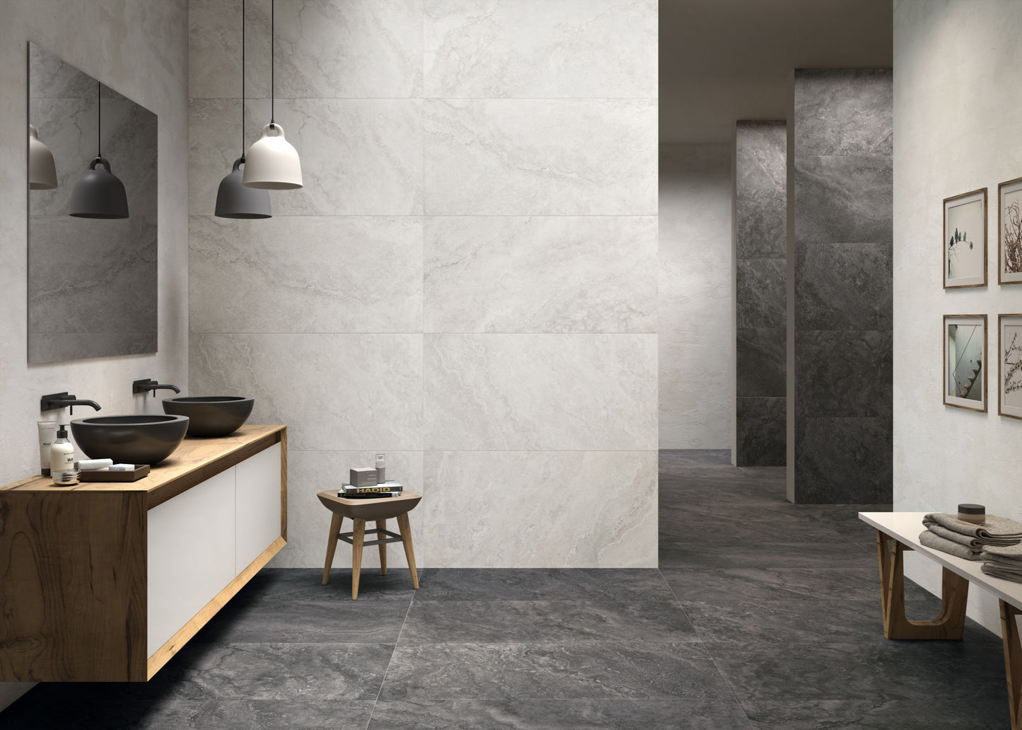 Italian Icon tile in a shower setting with dark floors and light walls.