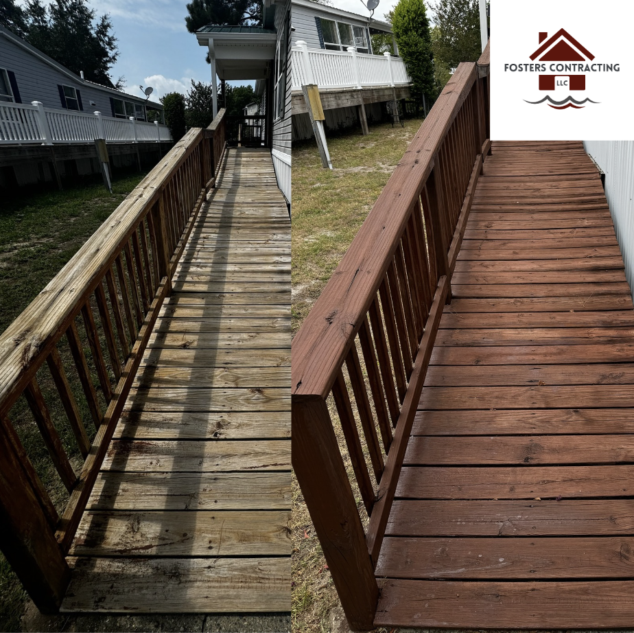 a before and after photo of deck staining