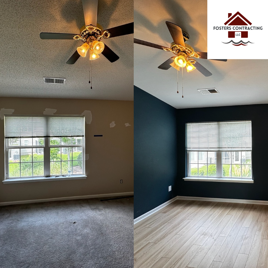 before and after of a carpet room to a lvp room