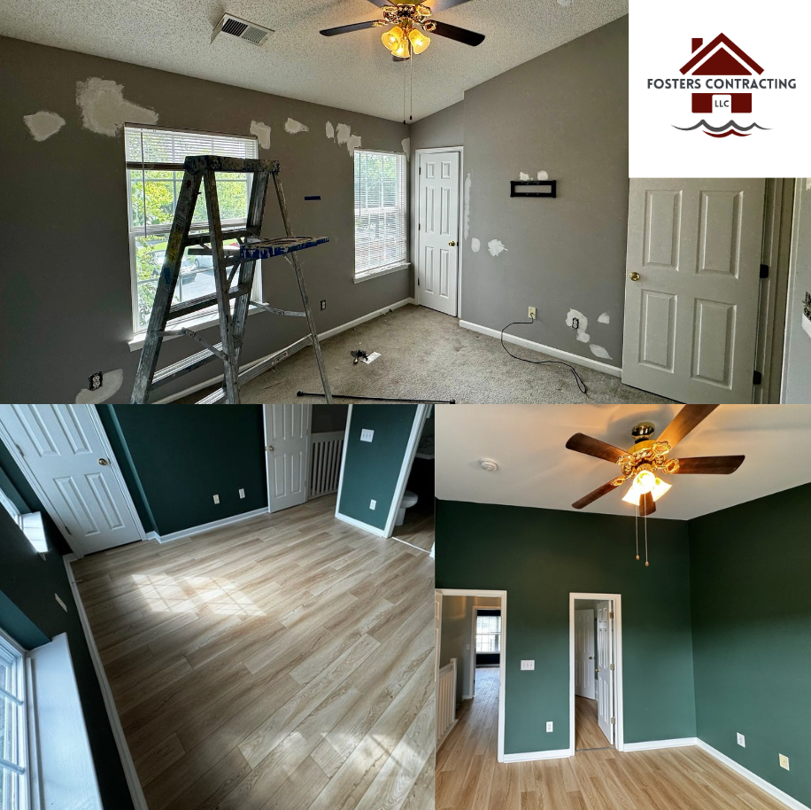 a before and after photo of a bedroom with new flooring and new paint