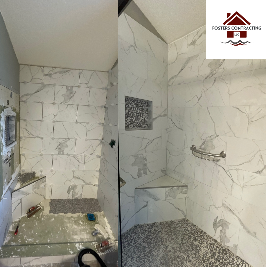 a progression picture of a shower install