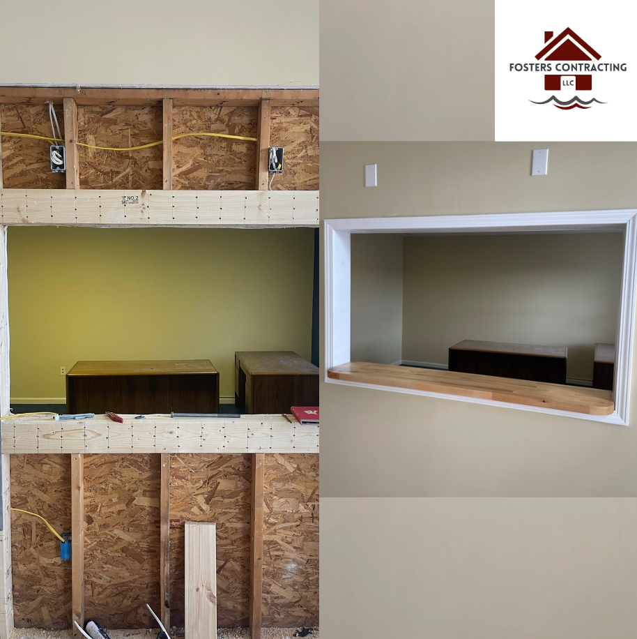 a before and after photo of a window cut out in a wall