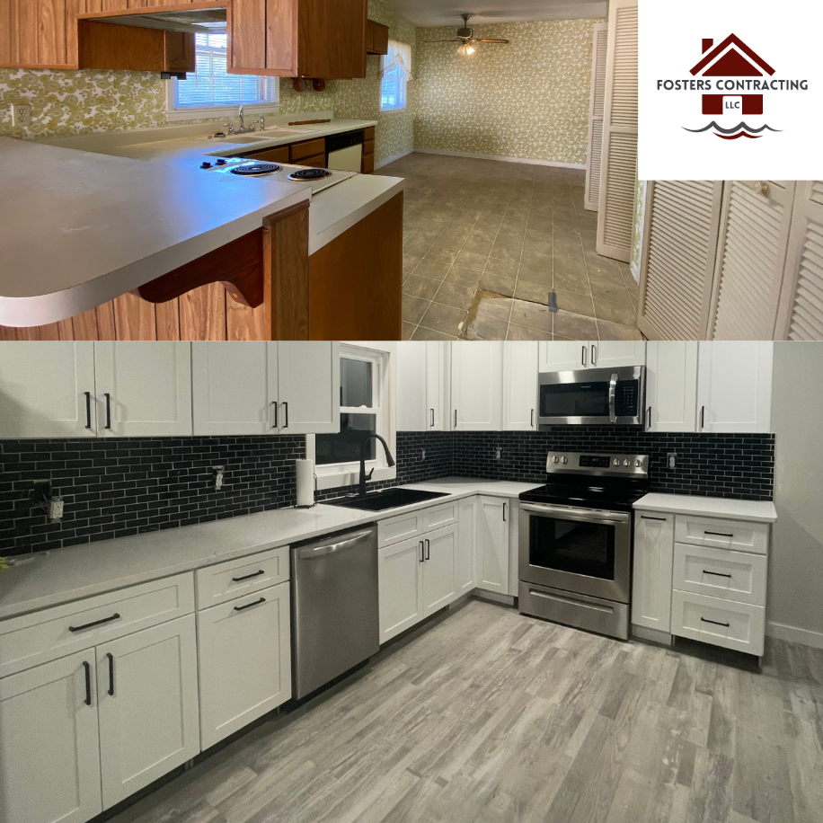 a before and after photo of a kitchen