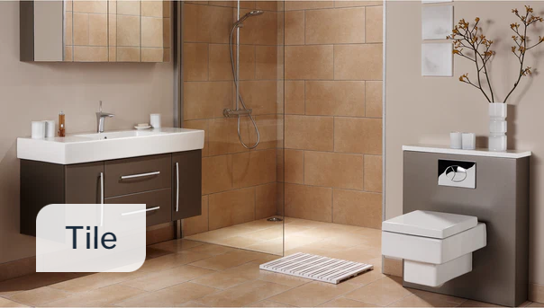 This is an image of a tile bathroom with brown furniture