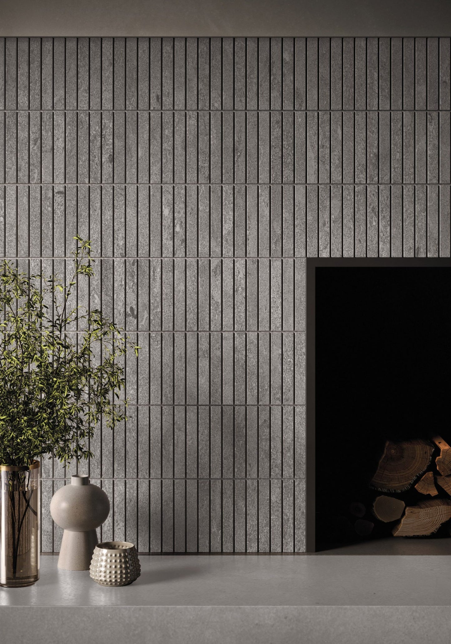 This is a room scene of a fireplace with subway tile norian in the color ash