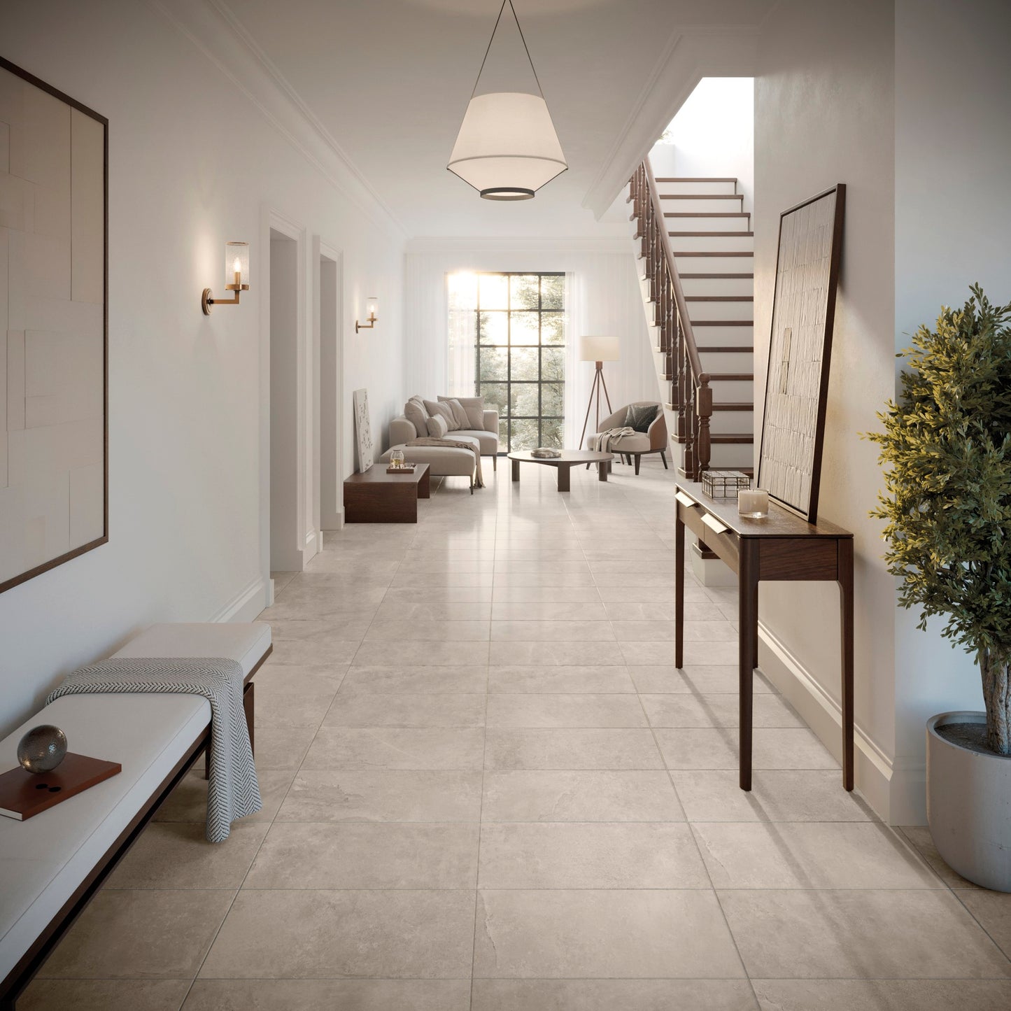 This is an entry way room scene with the tile floor being Norian in the color sand. There is espresso furniture and plants in the entry way