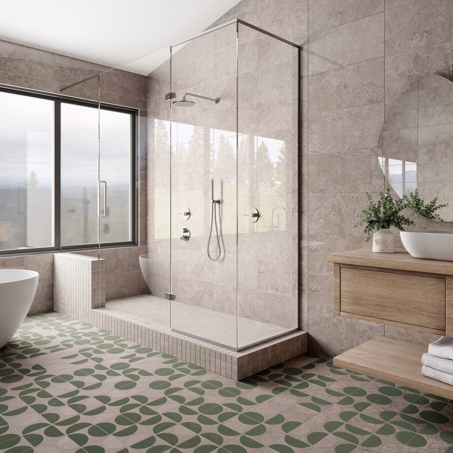 This is a bathroom scene of the tile norian in the color fendi. The floor is accent with green half circles