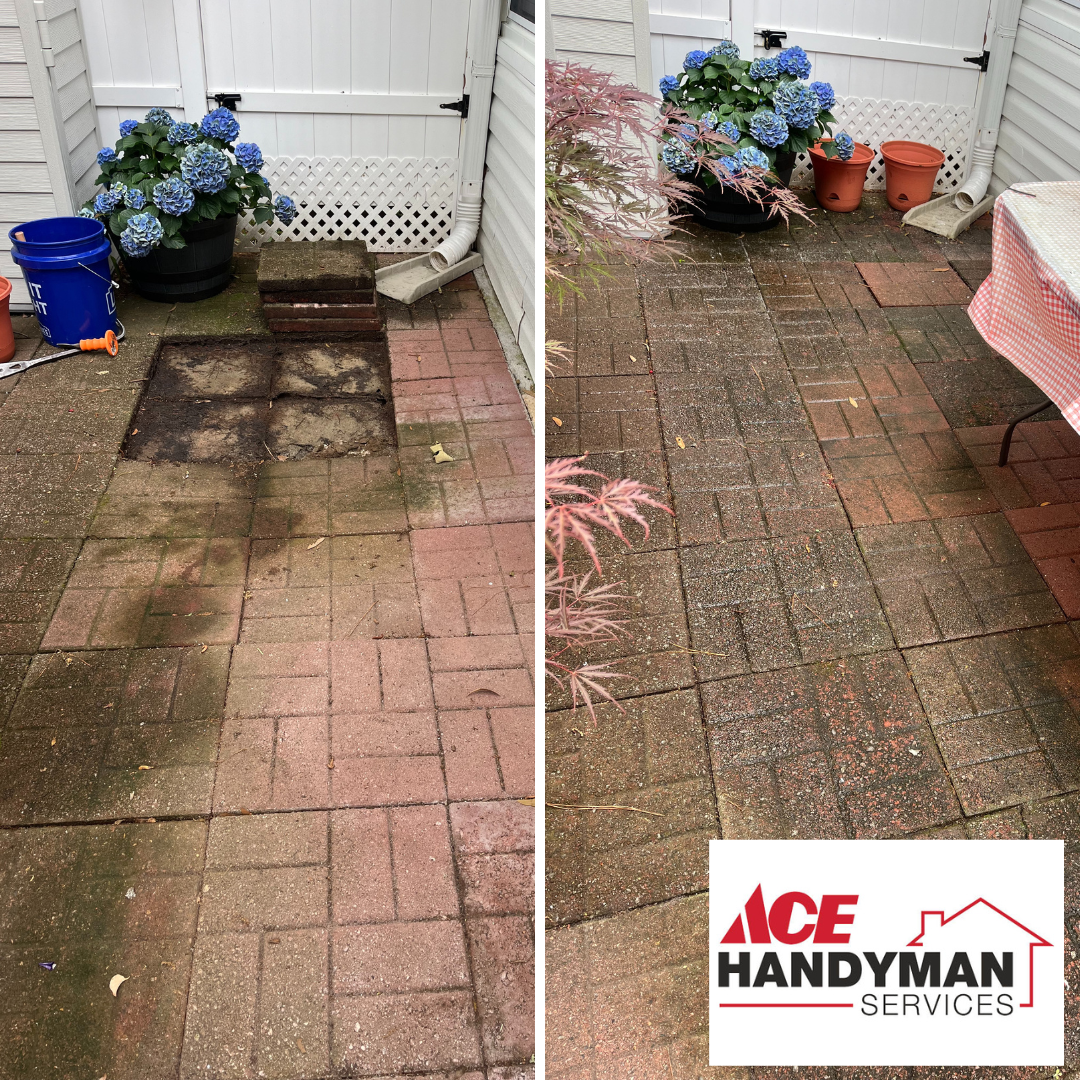 a before and after of washing and installing new pavers