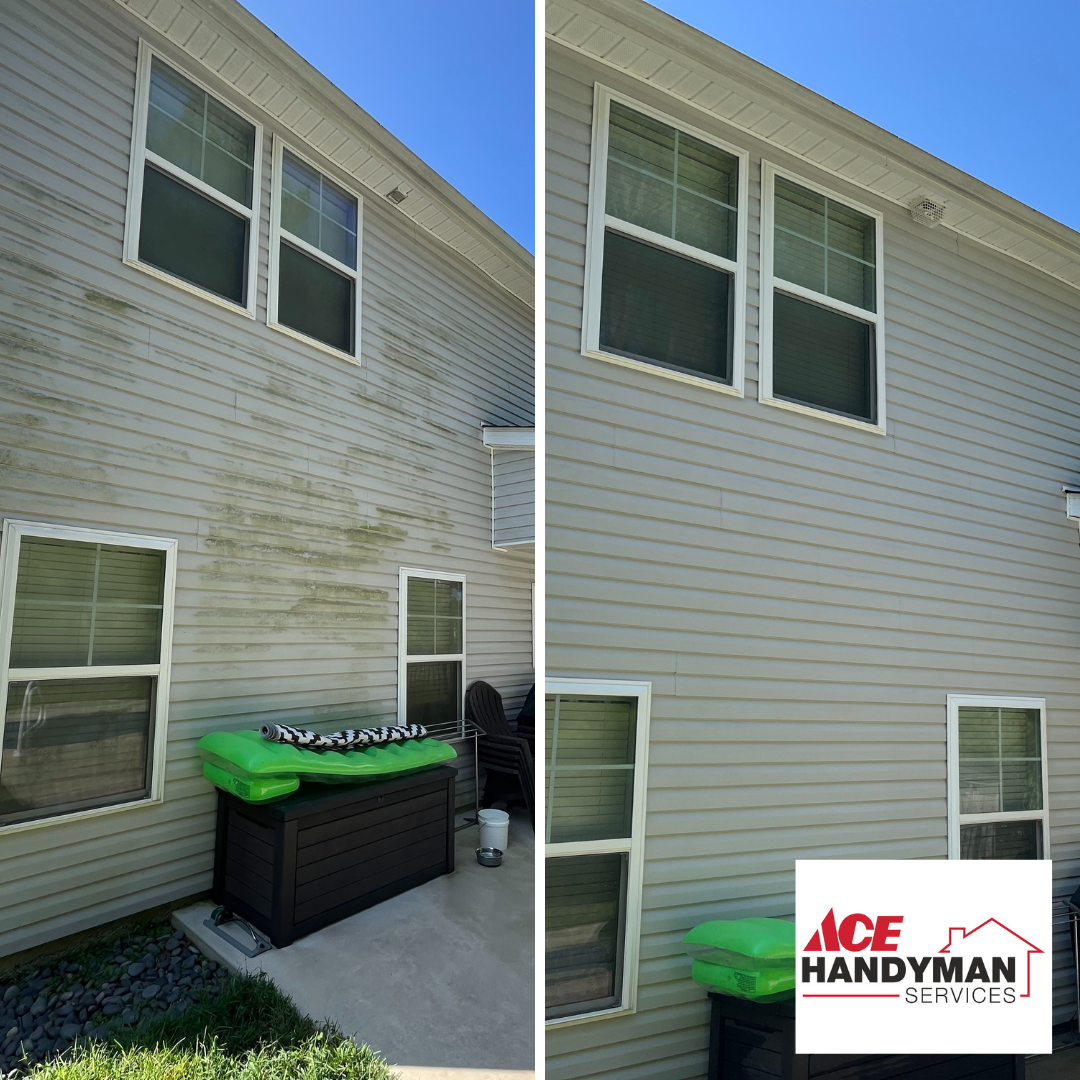 a before and after of pressure washing a building