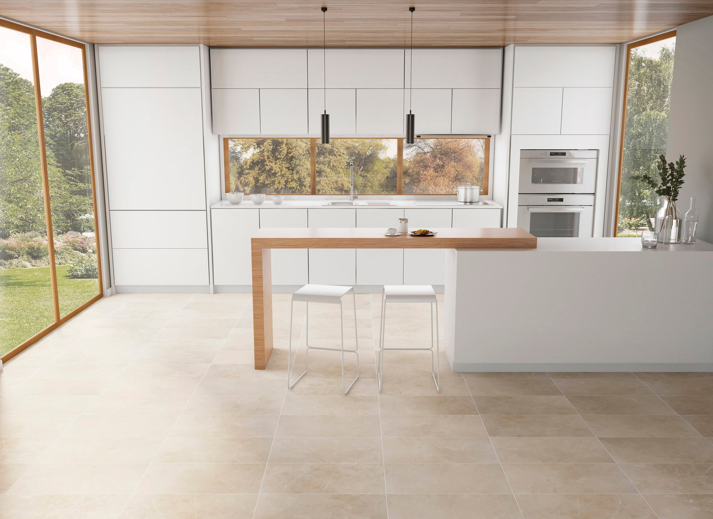 This is a kitchen room scene with white cabinets and tile floor is st croix in the color champagne