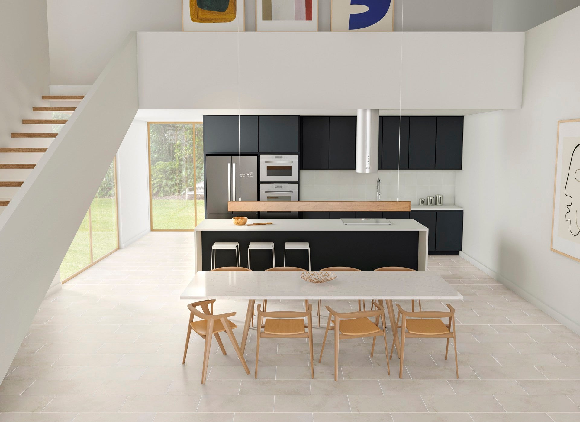 This is a modern kitchen room scene with dark blue cabinets and natural wood table and chairs. The floor tile is st croix in the color bianco
