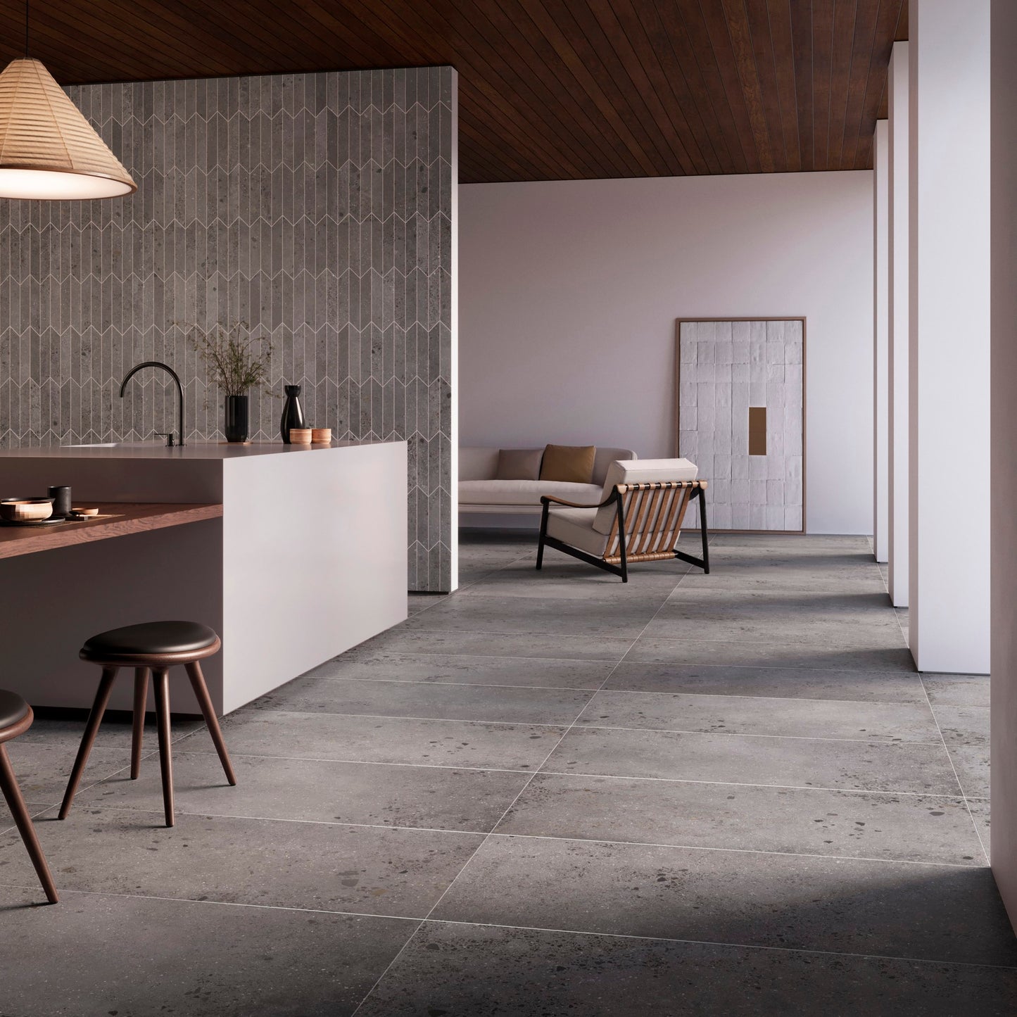 This is a room scene of a kitchen/living room with the tile lab in the color clay