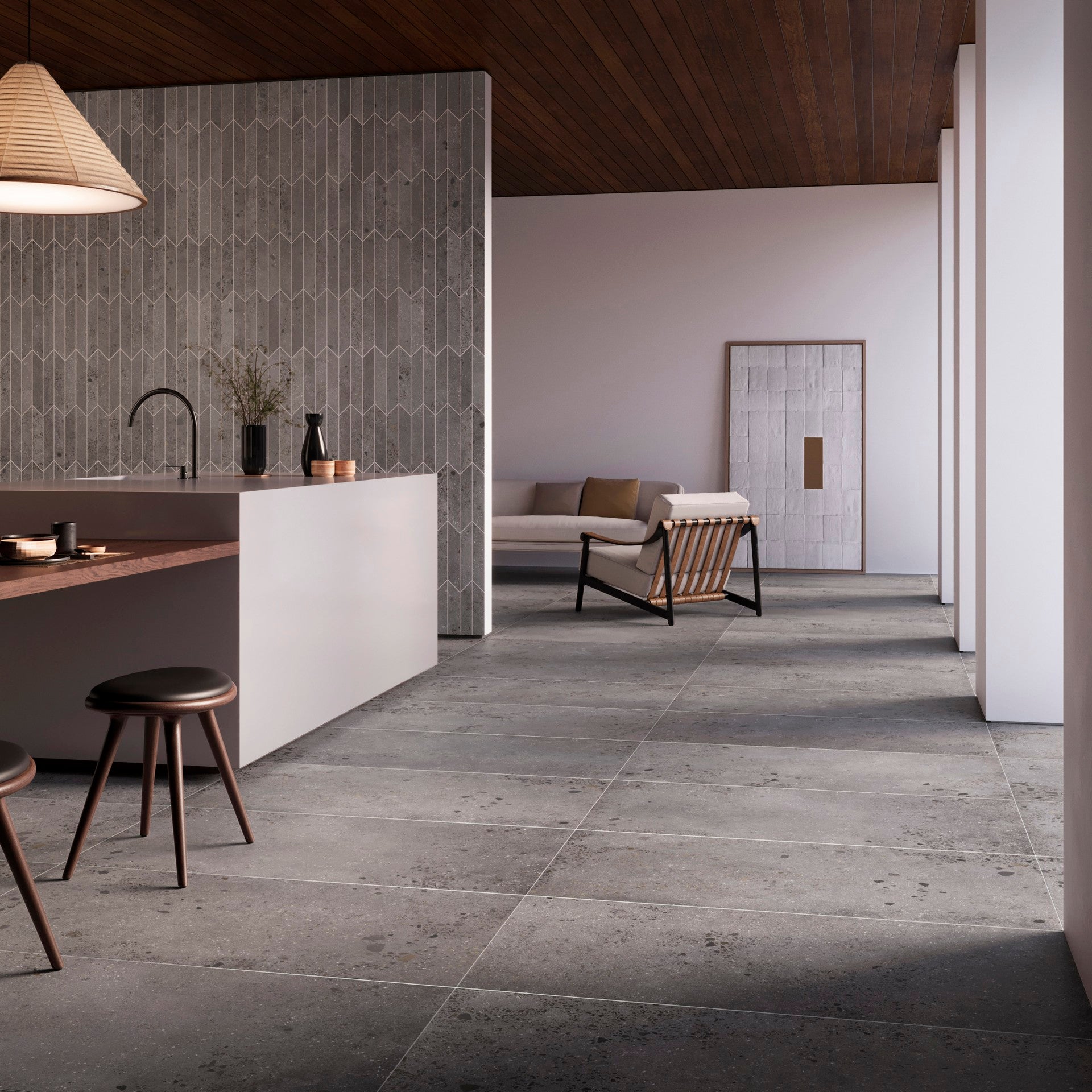 This is a room scene of a kitchen/living room with the tile lab in the color clay