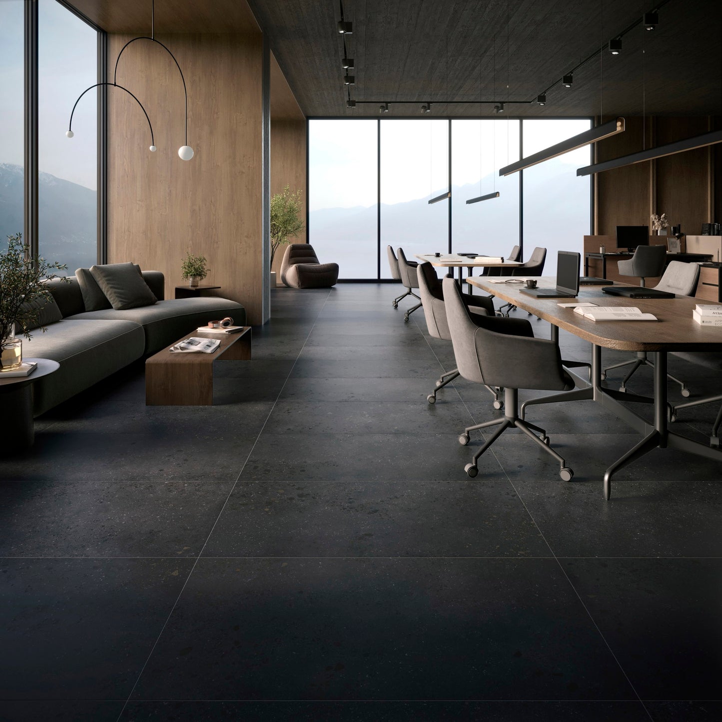 This is a room scene of a corporate office with the tile lab in the color coal with grey office furniture.