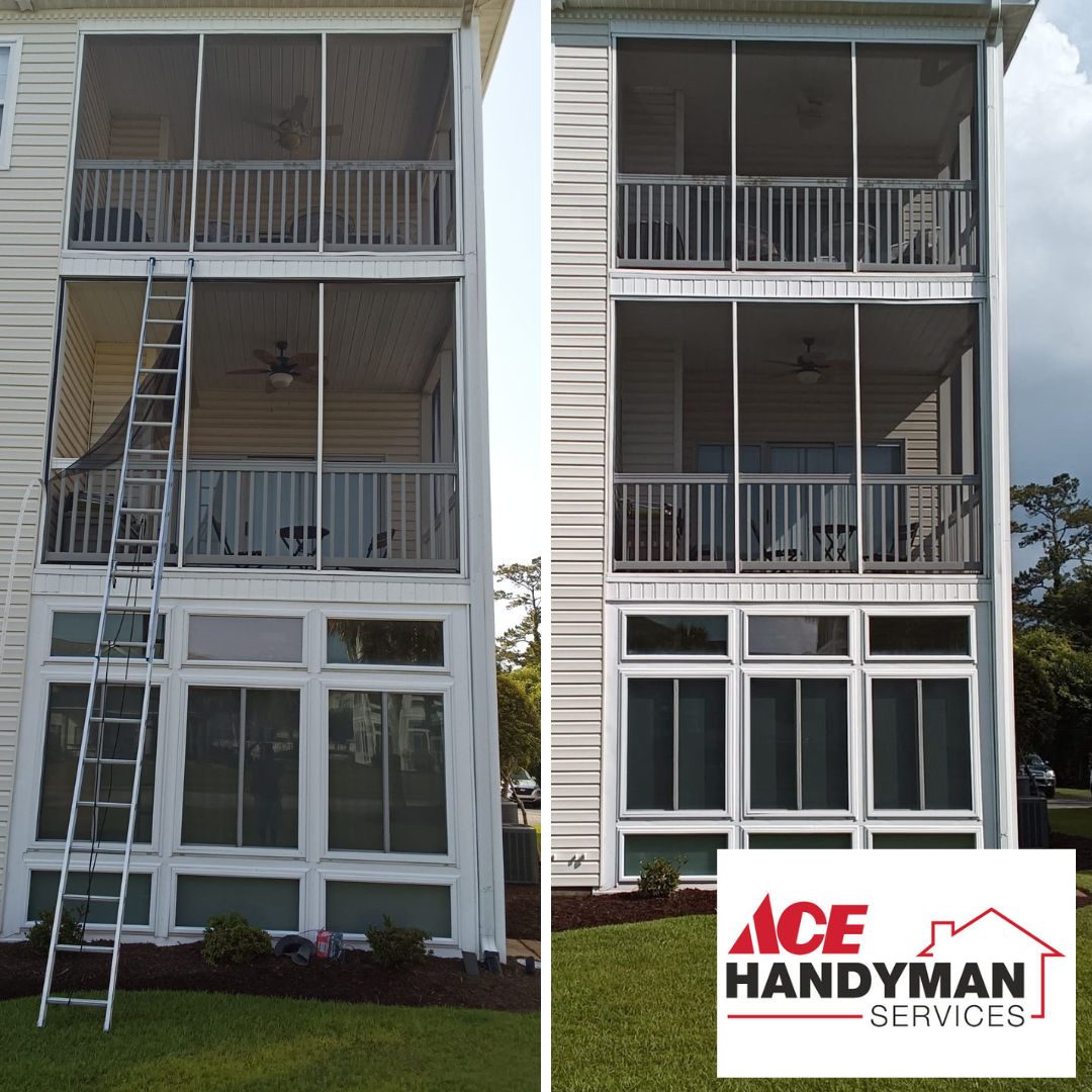 a before and after of a outdoor screen repair