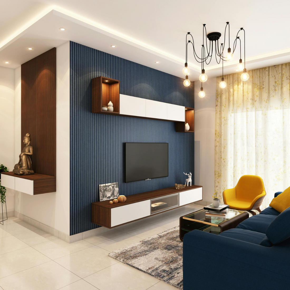 image of living room with blue tie accent wall and a blue couch. This is modern themed