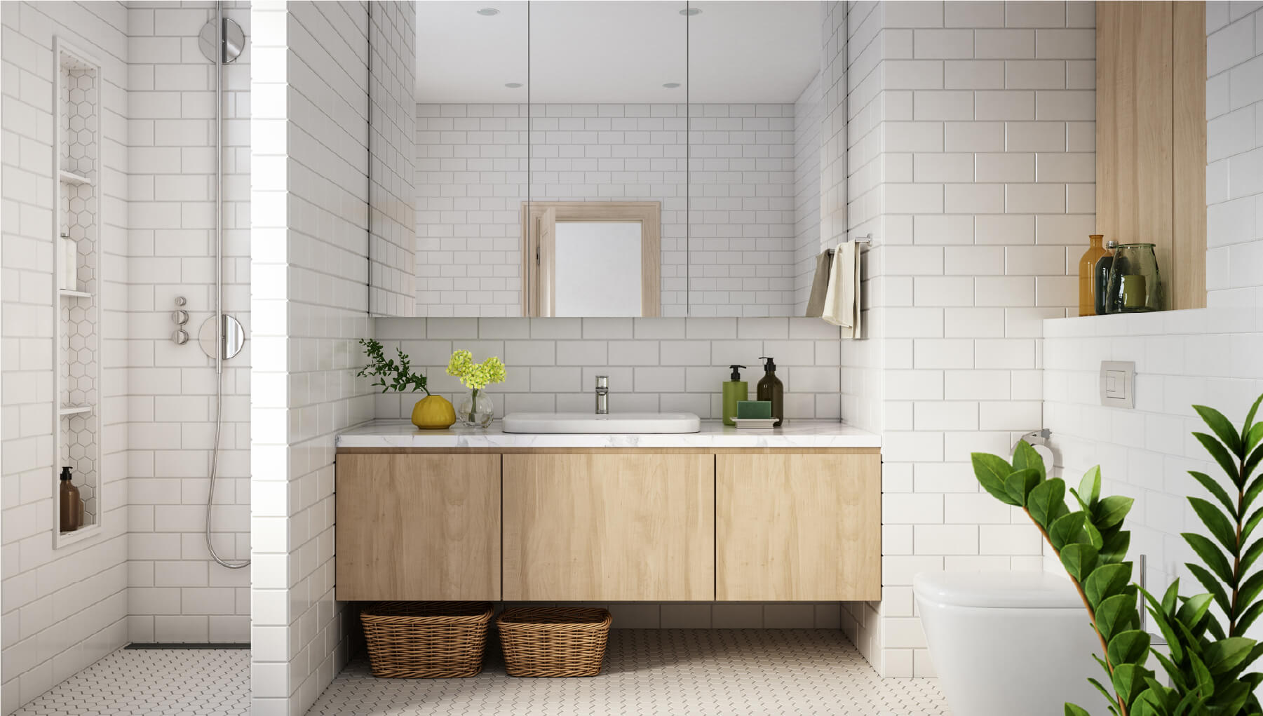 White with wood cabinet bathroom. Subway tile.