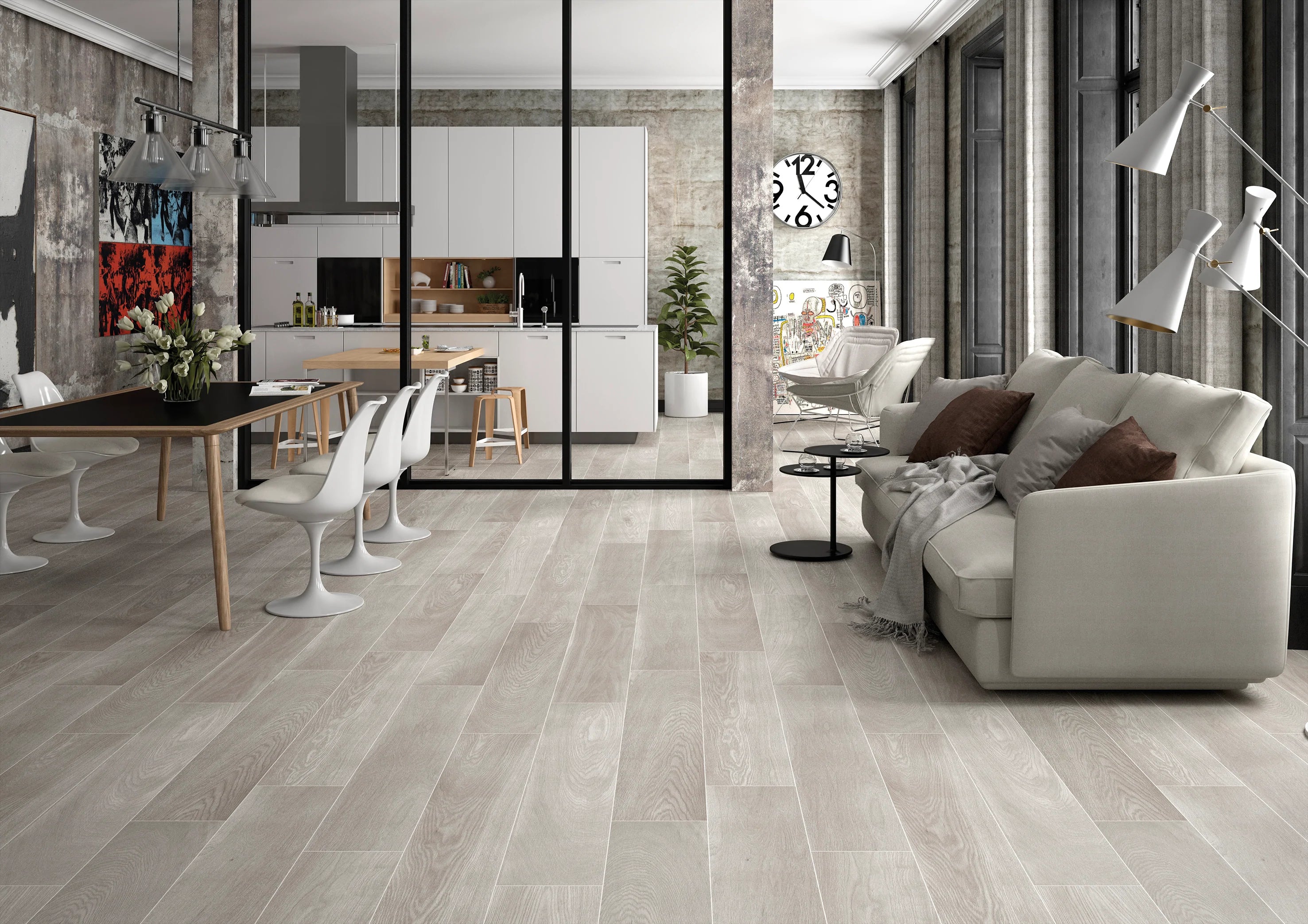 arhus gris tile flooring in a studio setting with grey furniture