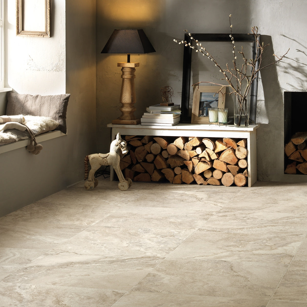 Italian Icon tile flooring in a living room scene with a rustic vibe.