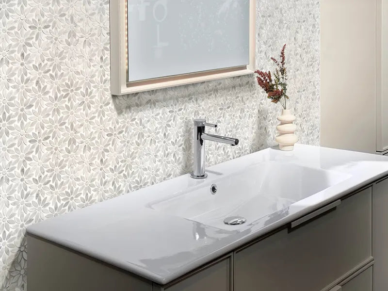 a accent wall for a bathroom using the flower mosaic in the the color lafayette park