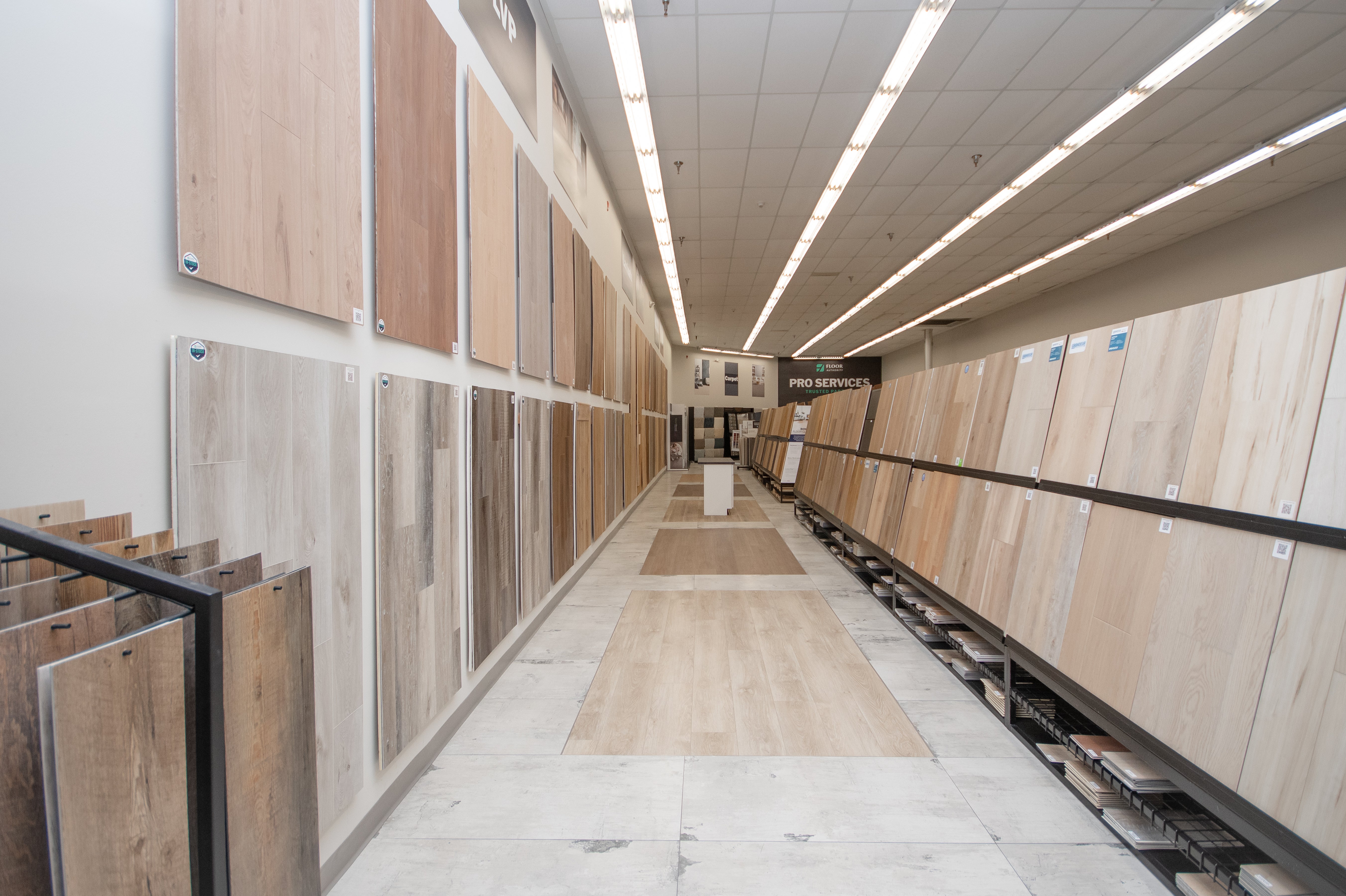 Wood flooring samples displayed in a showroom