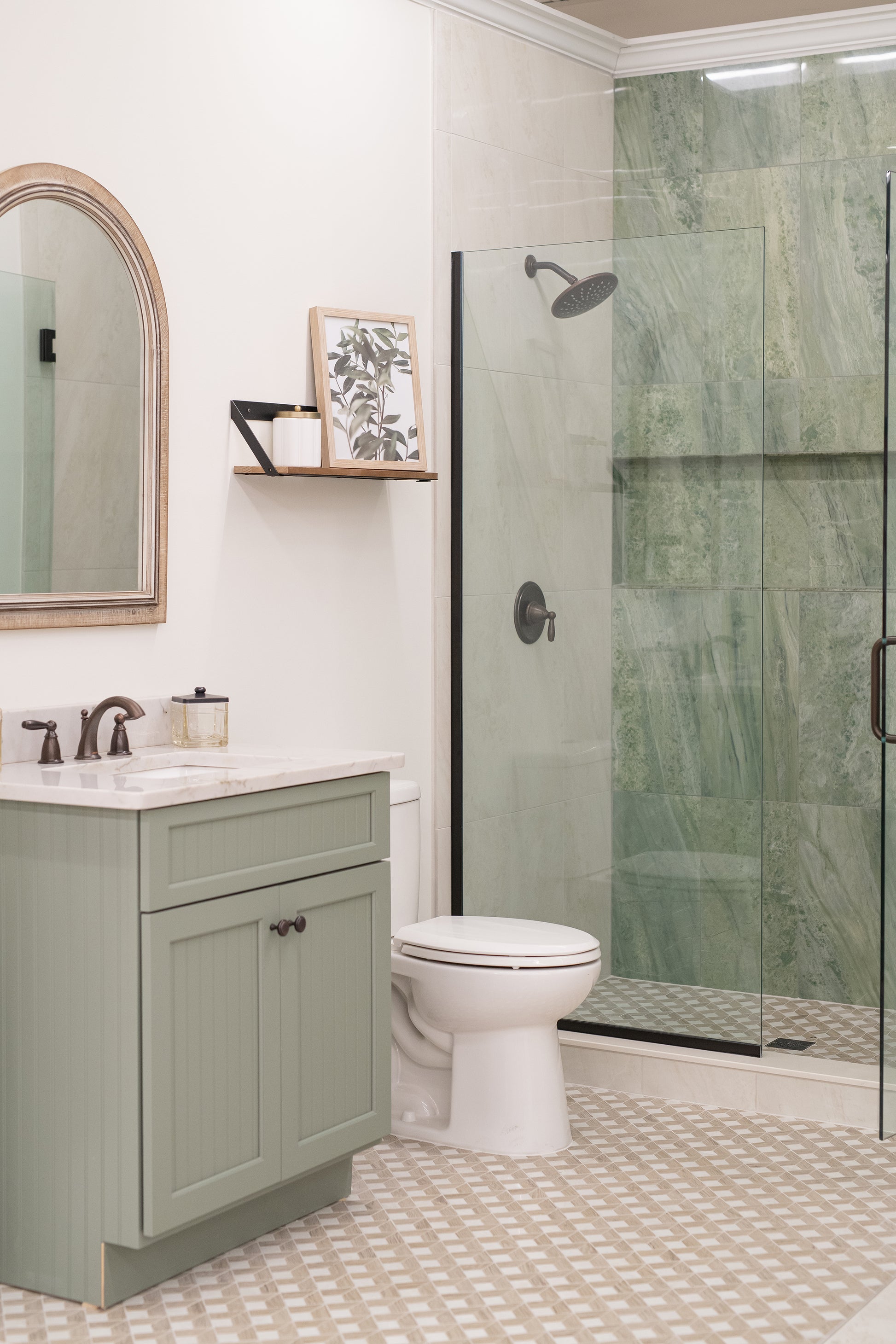 paradise tile shower vignette in the color green and ivory