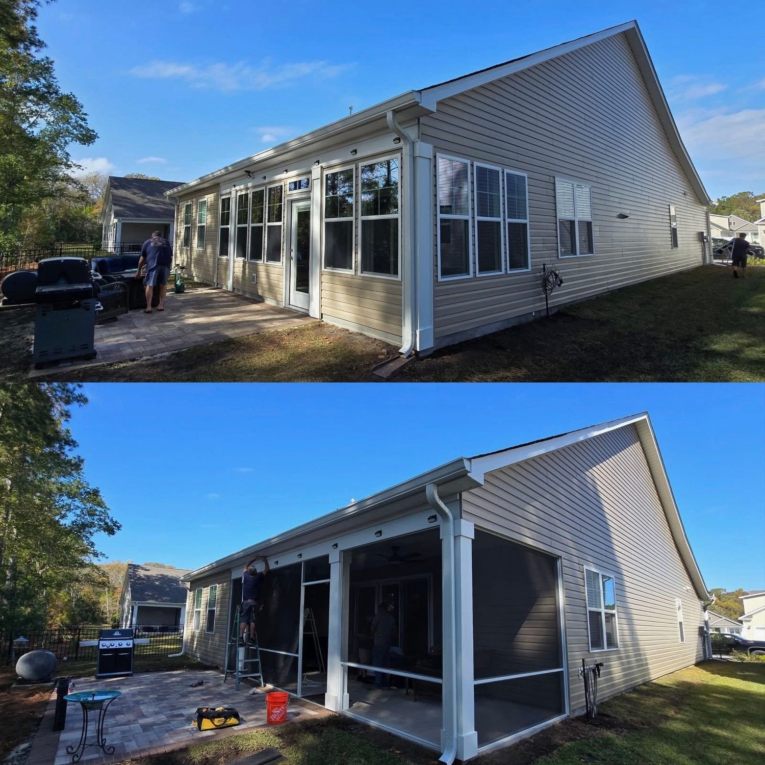 Before and after comparison of a house exterior with added screen porch.