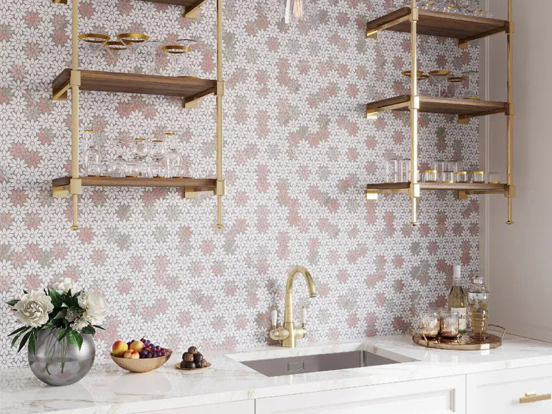 pink and white flower backsplash above the sink