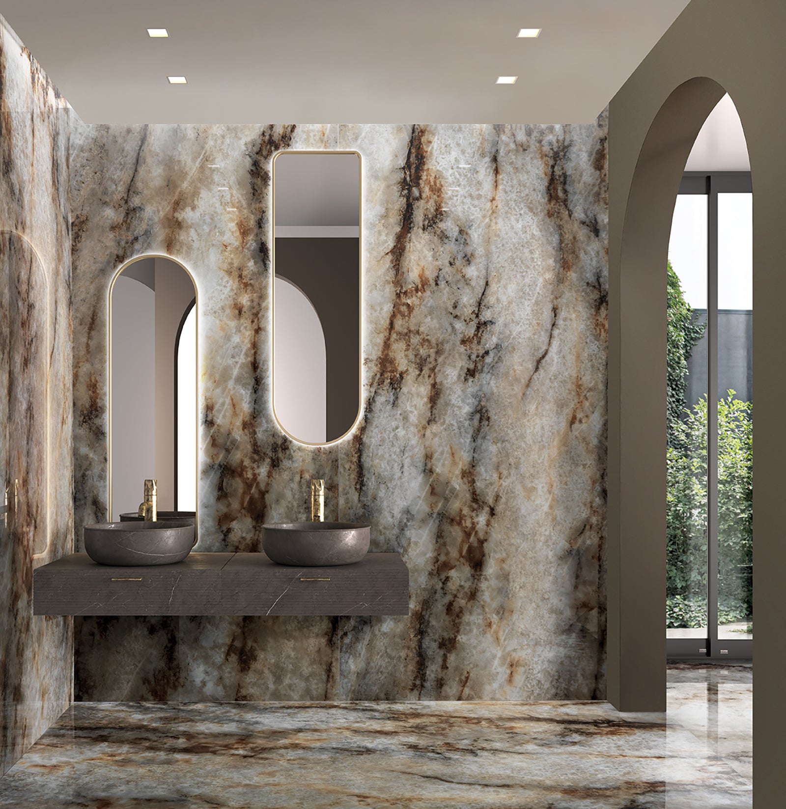 This is a room scene of a bathroom with large format tile in the color caffe