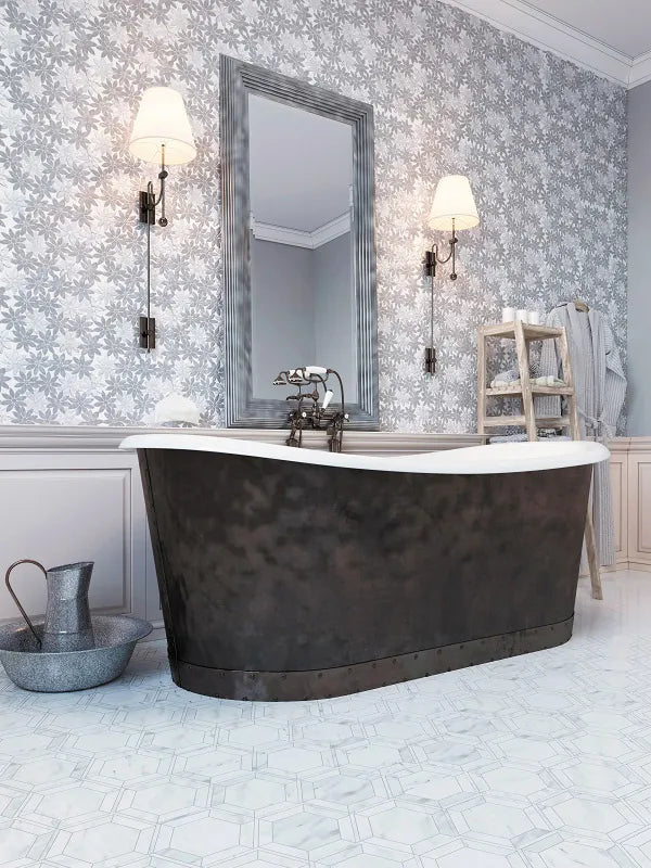 accent wall in a bathroom with the flower pattern