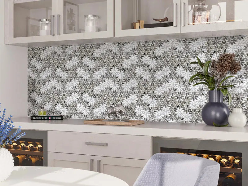 kitchen backsplash with flower mosaic in the color pansy