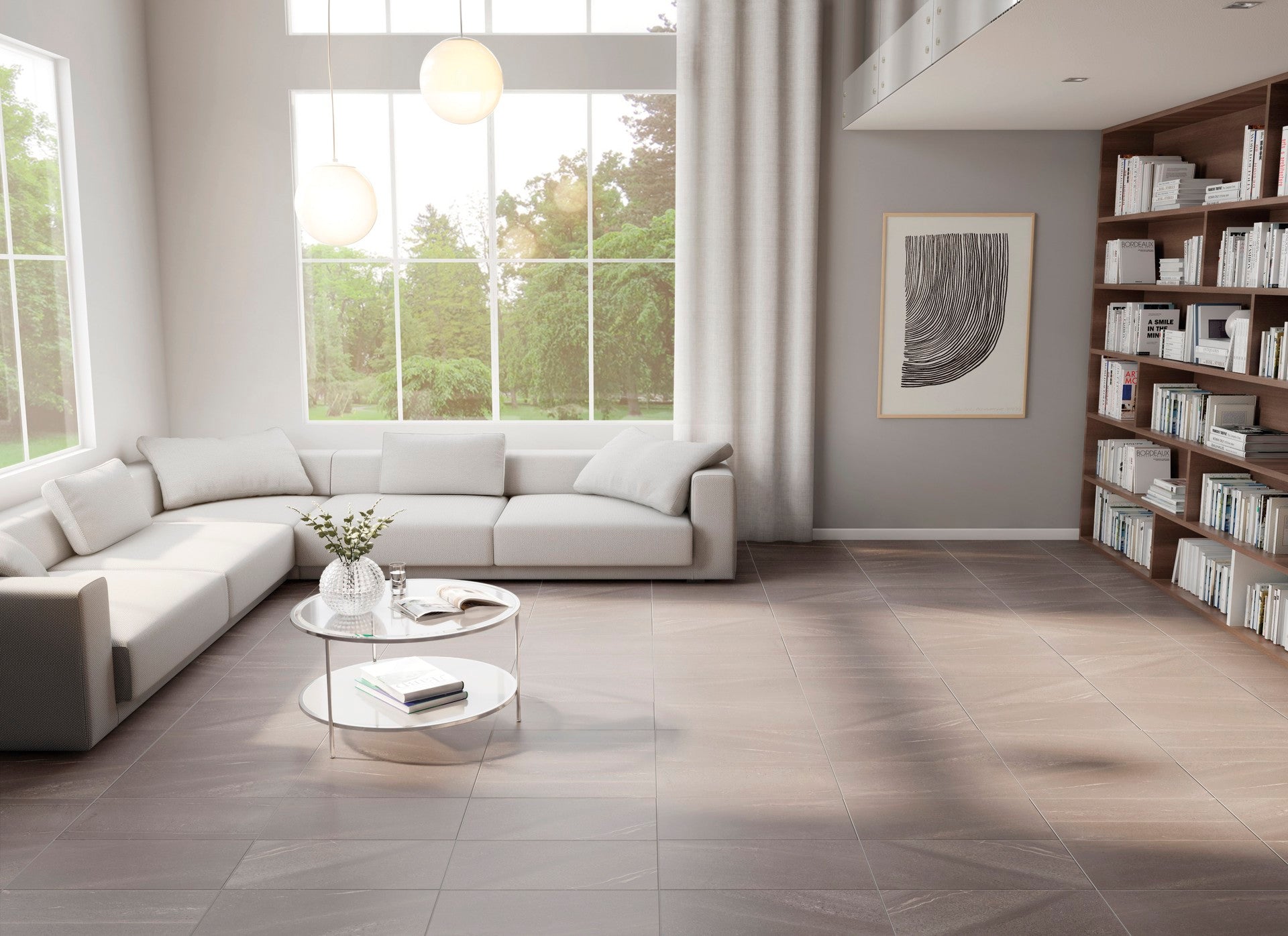 adrock espresso tile in a living room with a white couch and a brown bookcase with open curtains showcasing trees outside