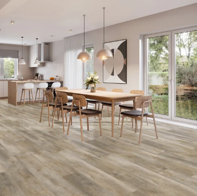 genesis vinyl plank in a dining room setting with a natural looking wood table and chairs