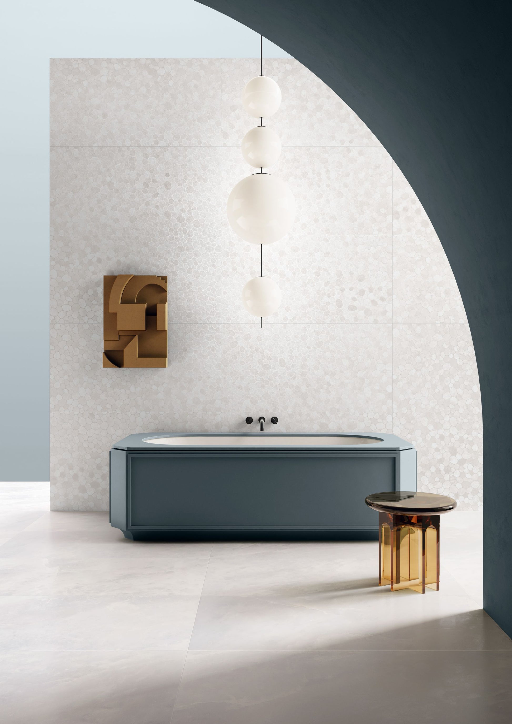 archisalt - flower in an industrial bathroom setting with a blue tub and wood wall art