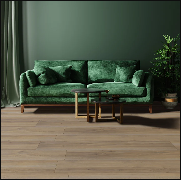 This is a room scene with a green couch and dark green wall