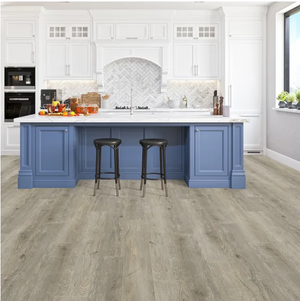 epic 7x60 vinyl plank in a kitchen setting with a blue island and white cabinets