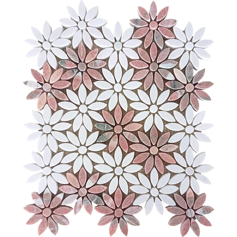 pink and white flower mosaic in marbe