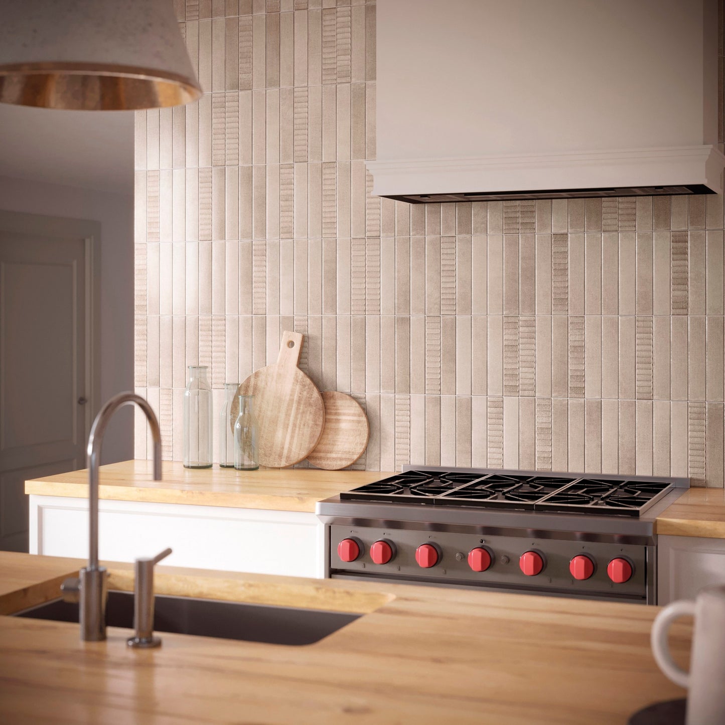 This is a room scene in a kitchen with lighthouse subway tile used as a backsplash in the color sunlight