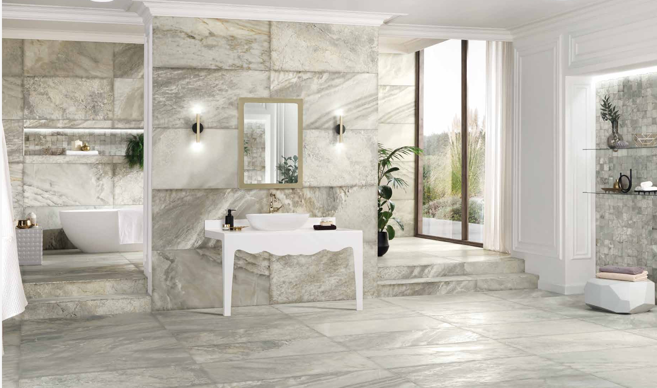 This is a room scene of a bathroom with the tile marmi imperial in the color dominita