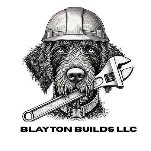 Dog wearing a hard hat with a wrench, representing Blayton Builds LLC.