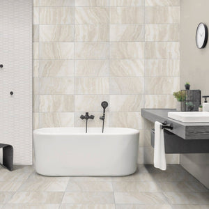 shower with roccia di roma beige tiles