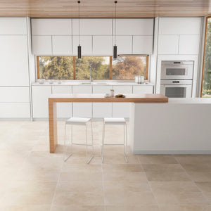 kitchen with white cabinets and st croix tile flooring color champagne