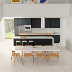 kitchen with black cabinets and st croix bianco flooring
