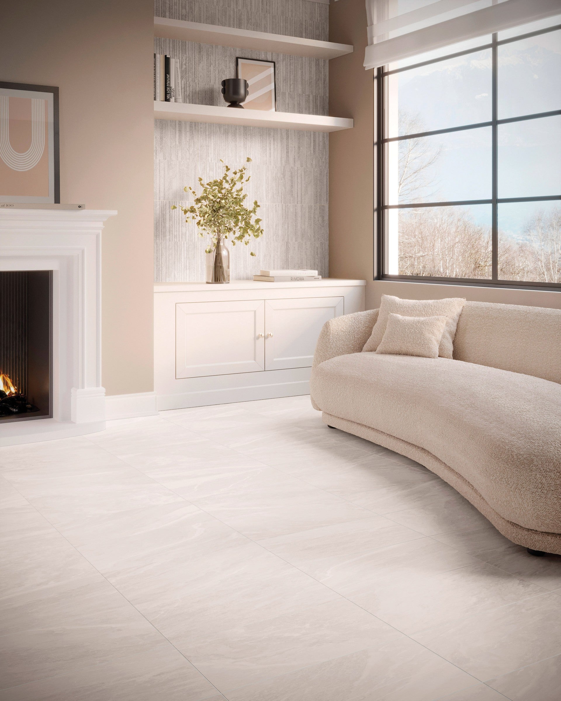 This is a room scene of a living room with a fluffy couch and white fireplace. The tile floor is storm.